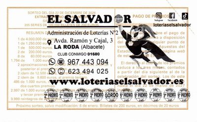 Reverso del d&eacute;cimo 87004 con el sello de la Administraci&oacute;n n&ordm; 2 &laquo;El Salvador&raquo;, en La Roda